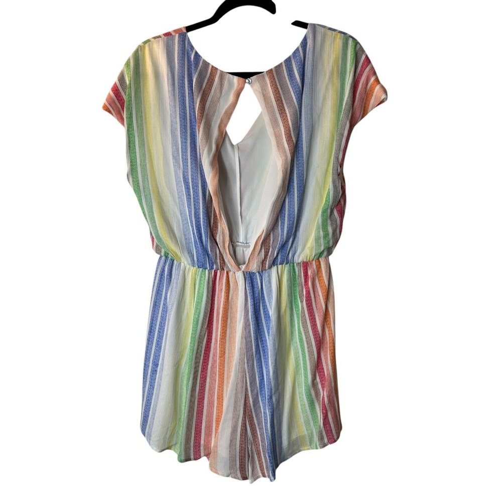 She + Sky Romper Size L Multicolor Rainbow Striped Short Sleeve Open Back V-Neck - Picture 5 of 11